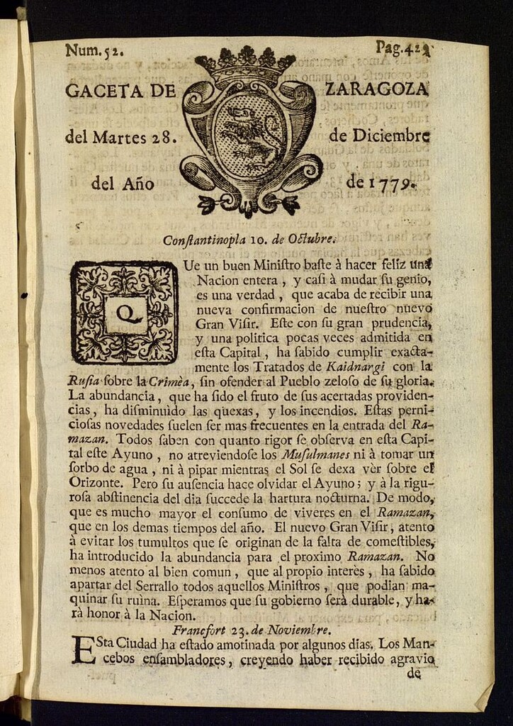 Miniatura de Gazeta de Zaragoza del 28 de diciembre de 1779