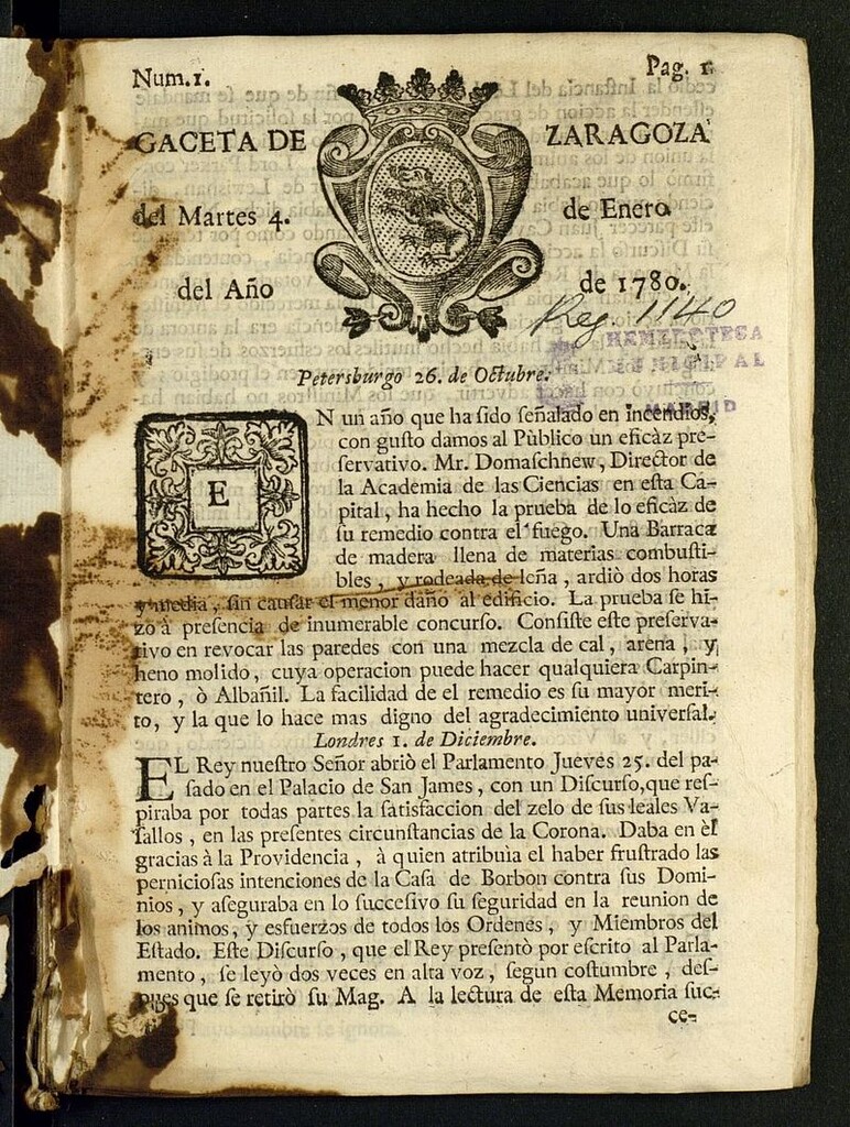 Miniatura de Gazeta de Zaragoza del 4 de enero de 1780