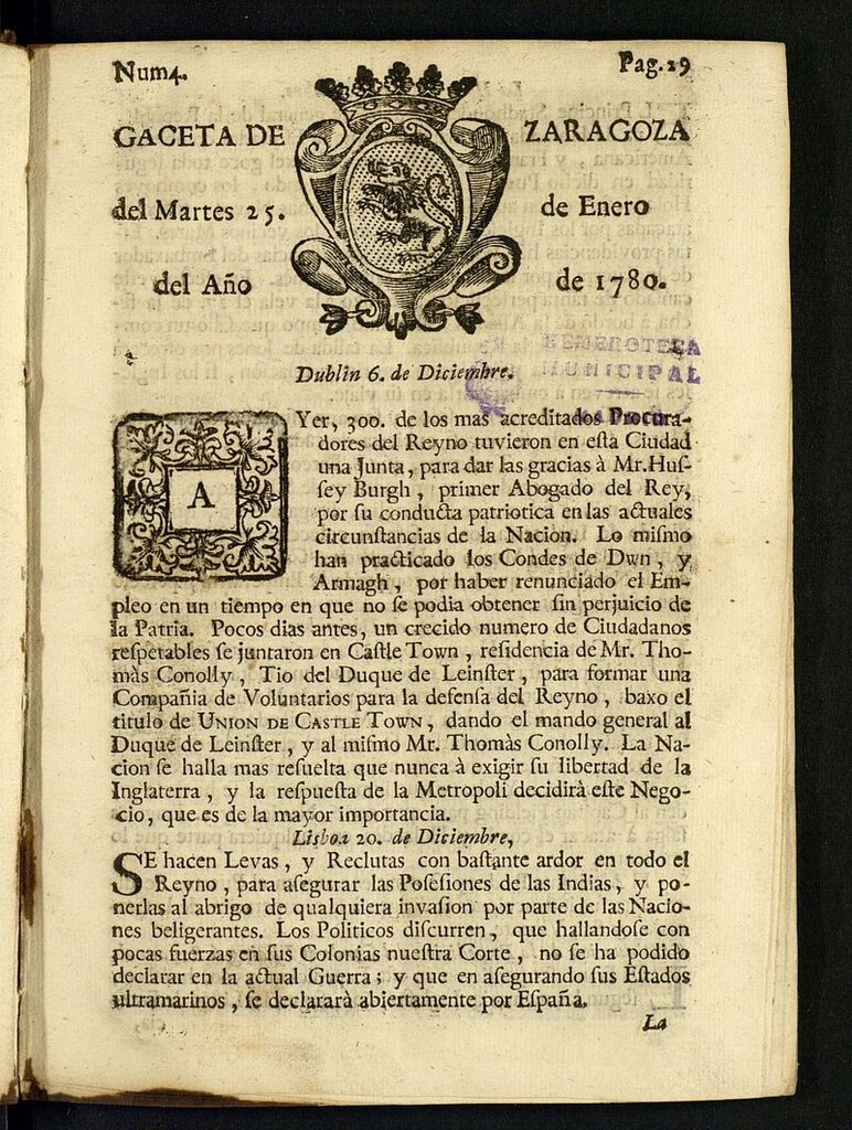 Miniatura de Gazeta de Zaragoza del 25 de enero de 1780