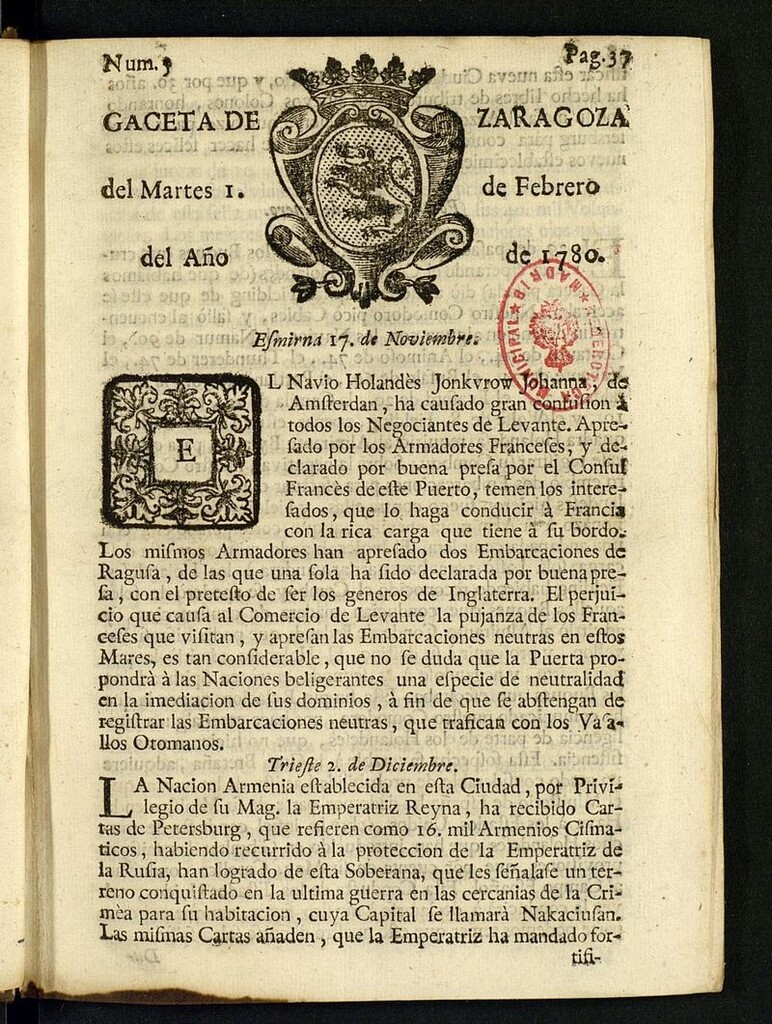 Miniatura de Gazeta de Zaragoza del 1 de febrero de 1780