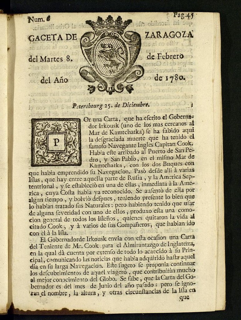 Miniatura de Gazeta de Zaragoza del 8 de febrero de 1780