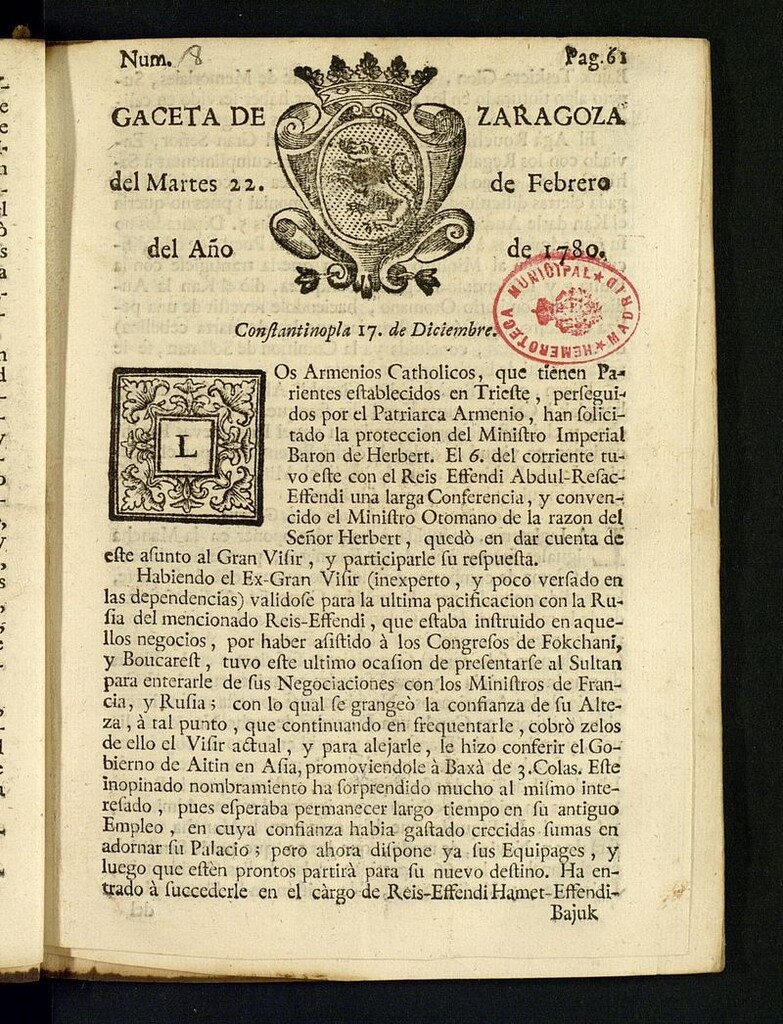 Miniatura de Gazeta de Zaragoza del 22 de febrero de 1780
