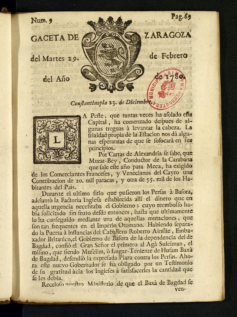 Miniatura de Gazeta de Zaragoza del 29 de febrero de 1780