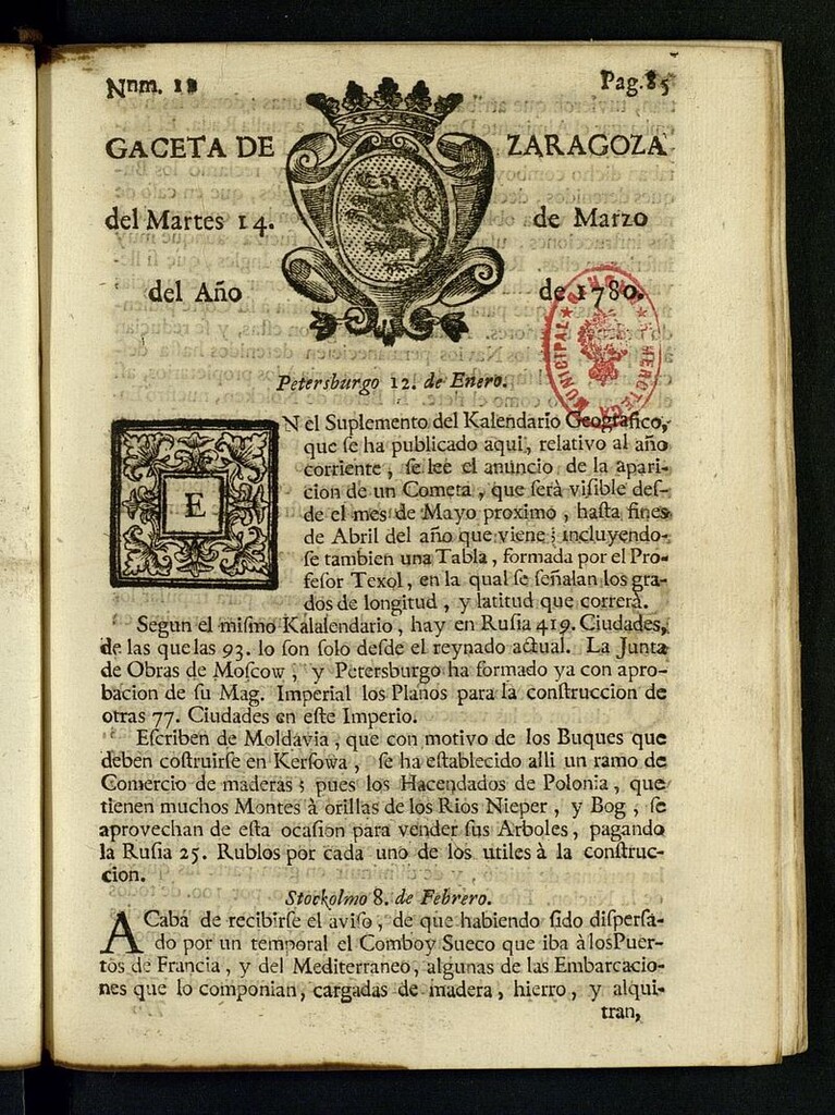 Miniatura de Gazeta de Zaragoza del 14 de marzo de 1780