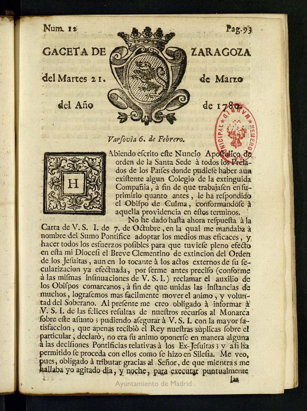 Miniatura de Gazeta de Zaragoza del 21 de marzo de 1780