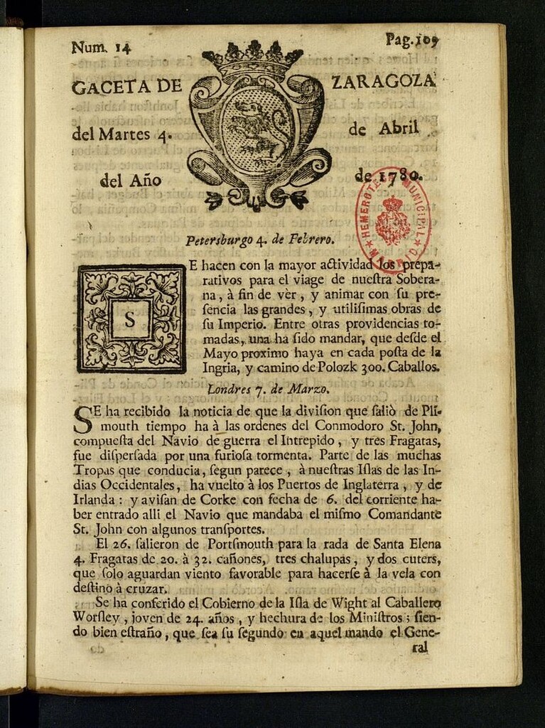 Miniatura de Gazeta de Zaragoza del 4 de abril de 1780
