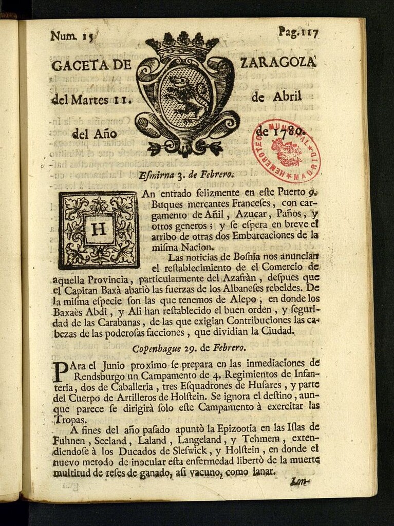 Miniatura de Gazeta de Zaragoza del 11 de abril de 1780