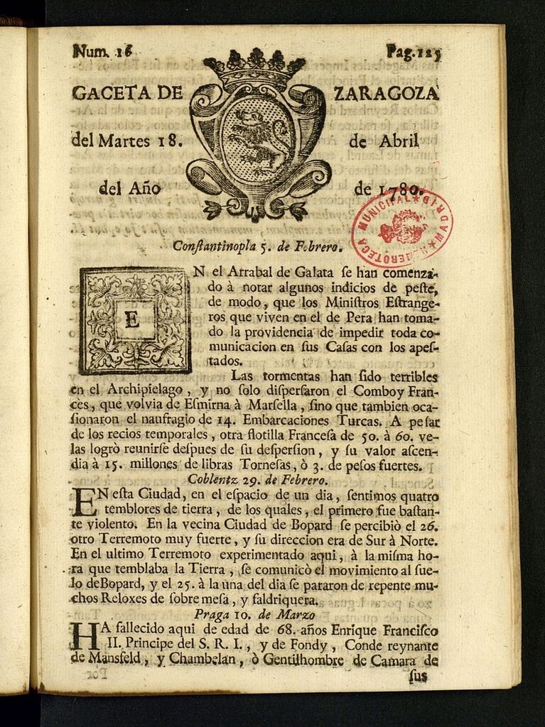 Miniatura de Gazeta de Zaragoza del 18 de abril de 1780