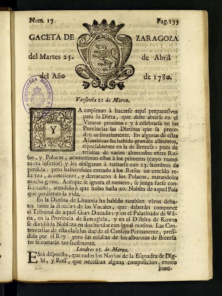Miniatura de Gazeta de Zaragoza del 25 de abril de 1780