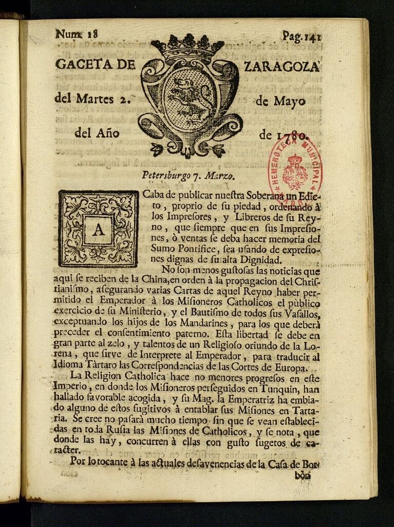 Miniatura de Gazeta de Zaragoza del 2 de mayo de 1780