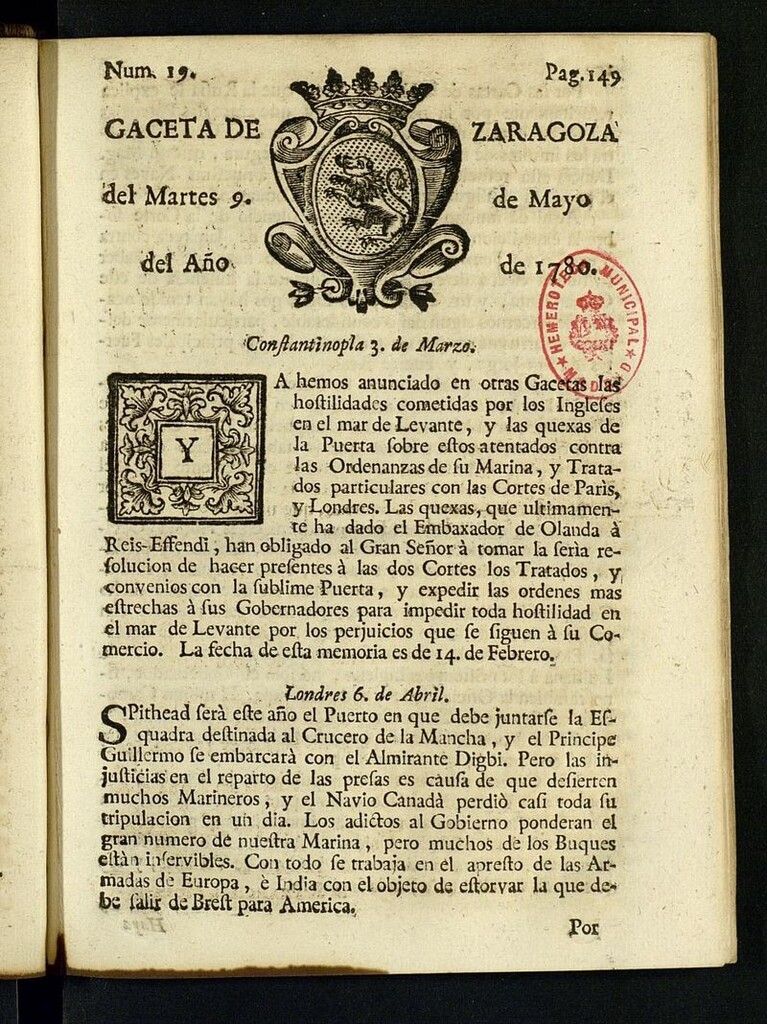 Miniatura de Gazeta de Zaragoza del 9 de mayo de 1780