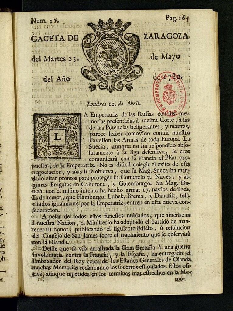 Miniatura de Gazeta de Zaragoza del 23 de mayo de 1780