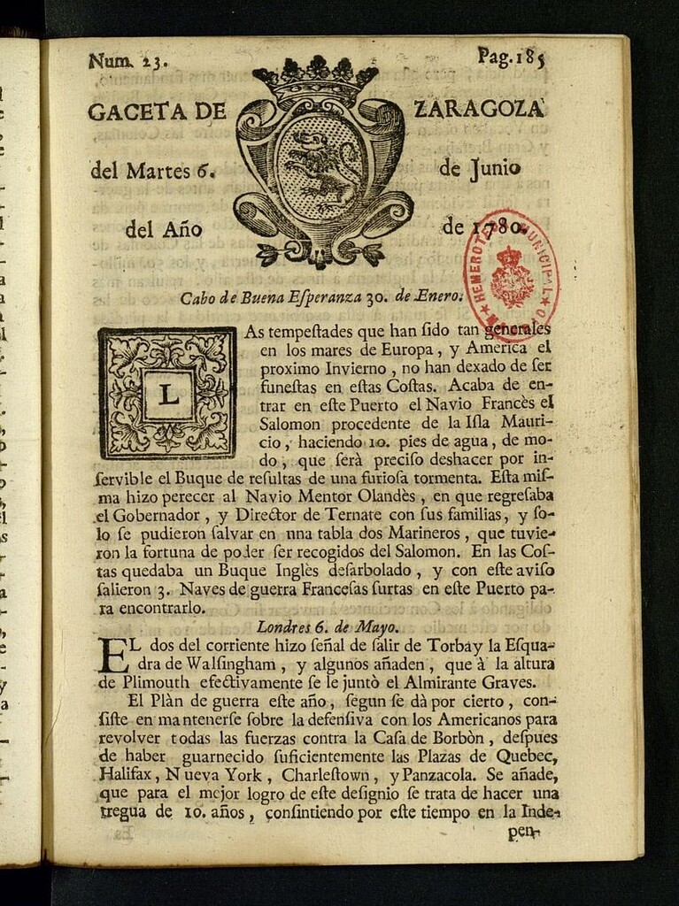 Miniatura de Gazeta de Zaragoza del 6 de junio de 1780