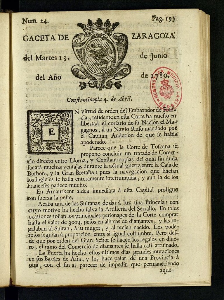 Miniatura de Gazeta de Zaragoza del 13 de junio de 1780