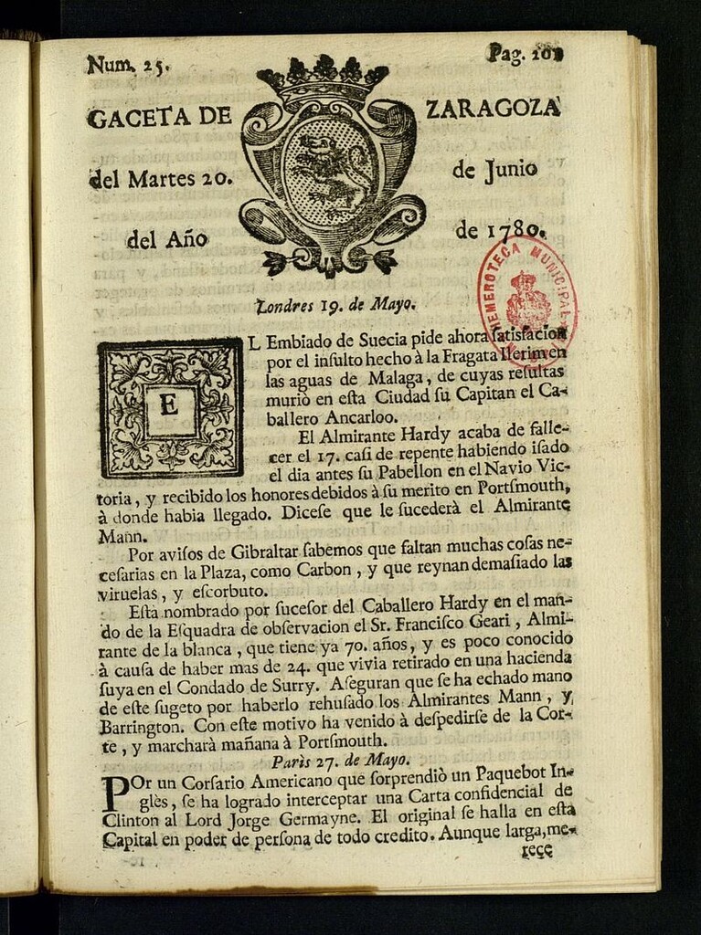 Miniatura de Gazeta de Zaragoza del 20 de junio de 1780