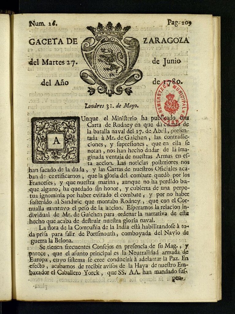 Miniatura de Gazeta de Zaragoza del 27 de junio de 1780