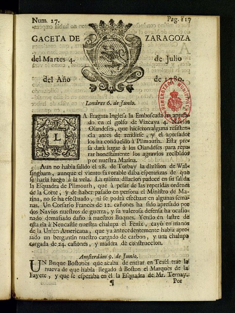 Miniatura de Gazeta de Zaragoza del 4 de julio de 1780