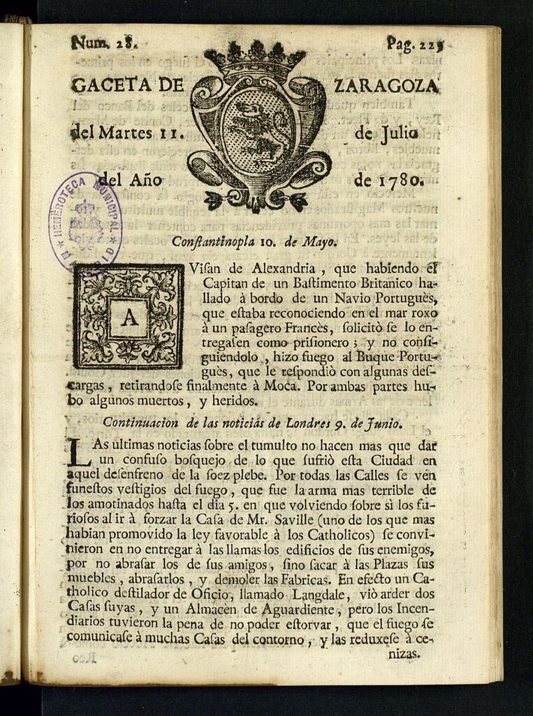Miniatura de Gazeta de Zaragoza del 11 de julio de 1780