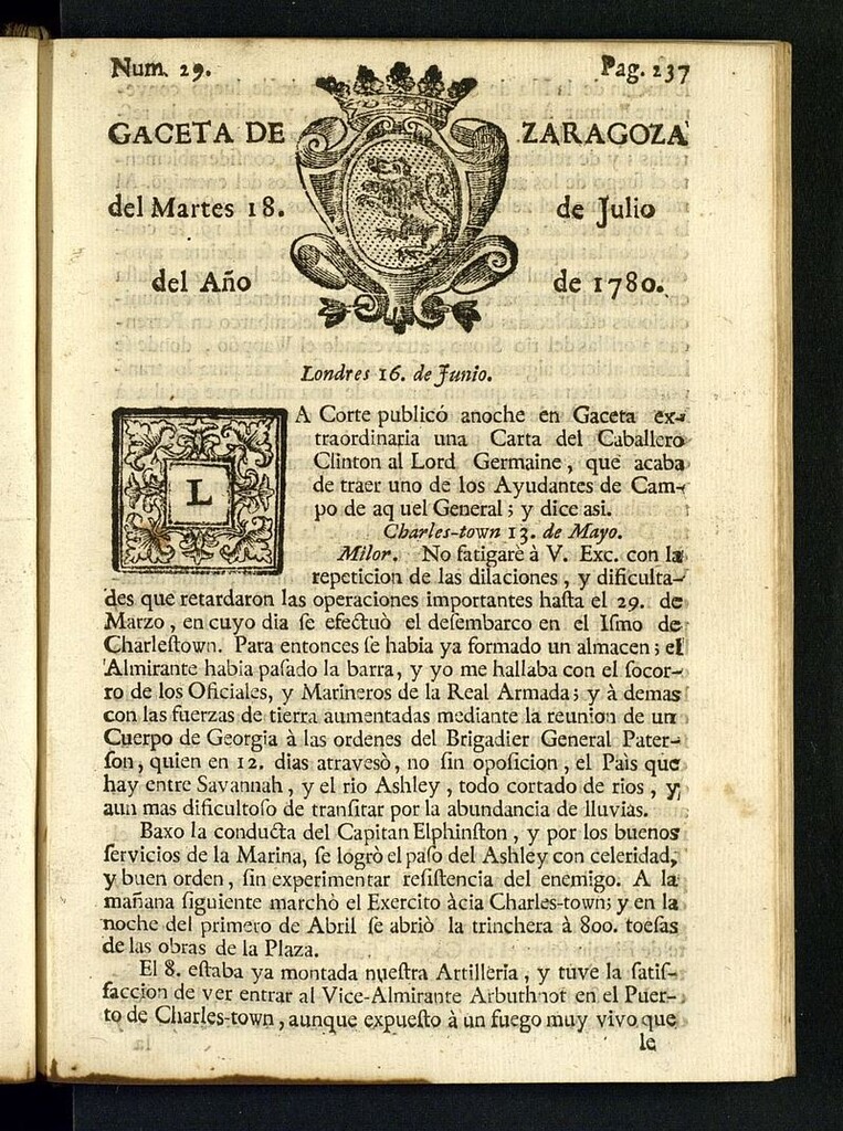 Miniatura de Gazeta de Zaragoza del 18 de julio de 1780