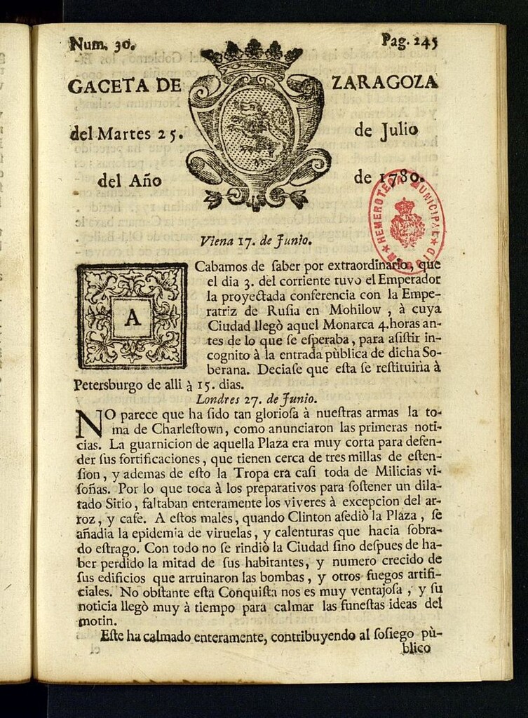 Miniatura de Gazeta de Zaragoza del 25 de julio de 1780