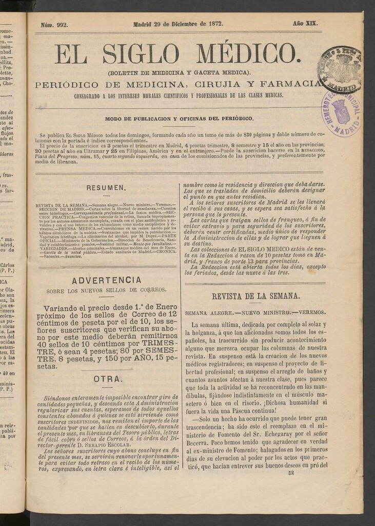 Miniatura de El Siglo Médico: boletín de medicina y gaceta médica del 29 de diciembre de 1872