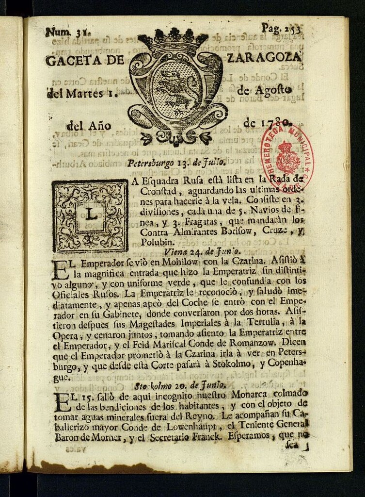 Miniatura de Gazeta de Zaragoza del 1 de agosto de 1780