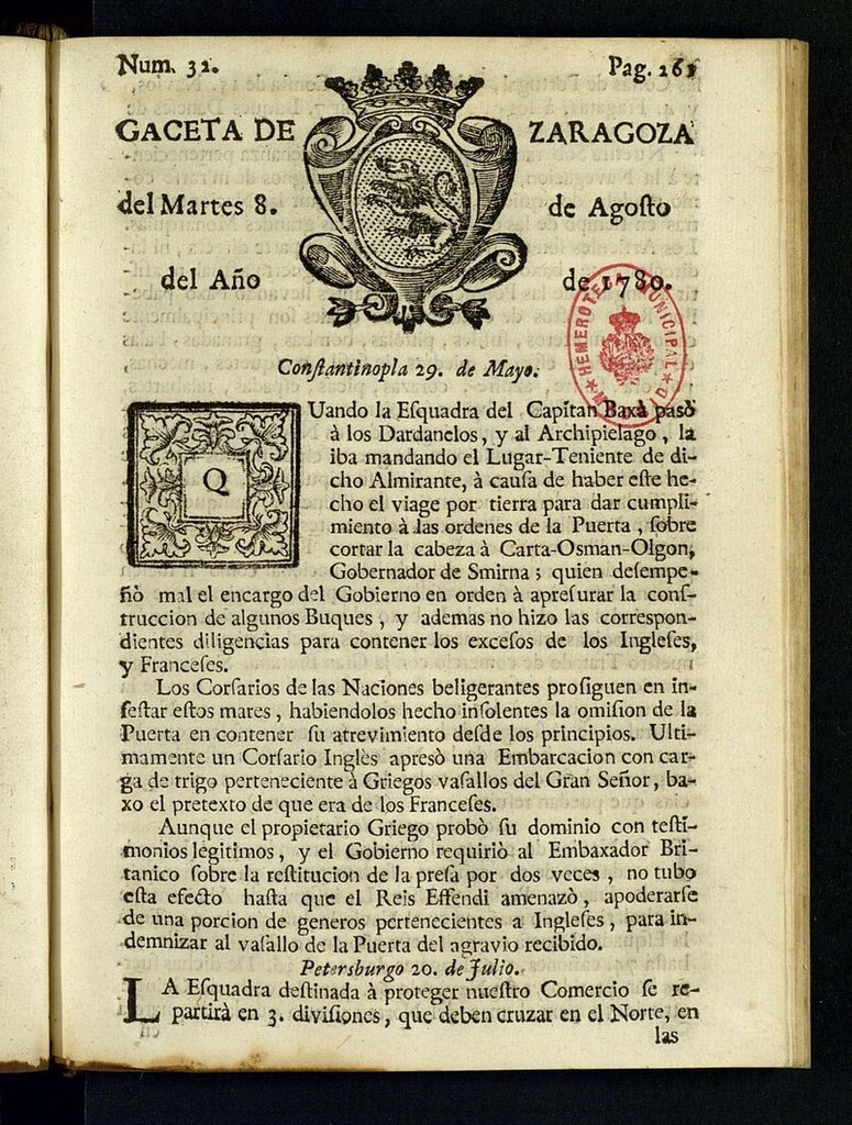 Miniatura de Gazeta de Zaragoza del 8 de agosto de 1780