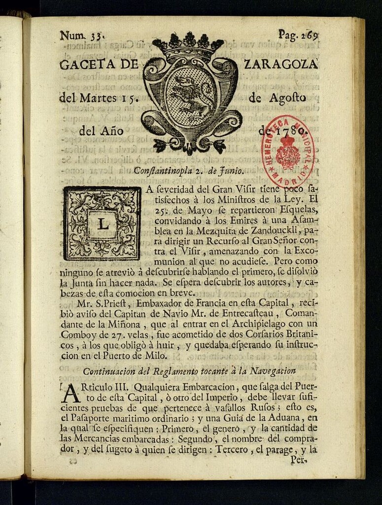 Miniatura de Gazeta de Zaragoza del 15 de agosto de 1780