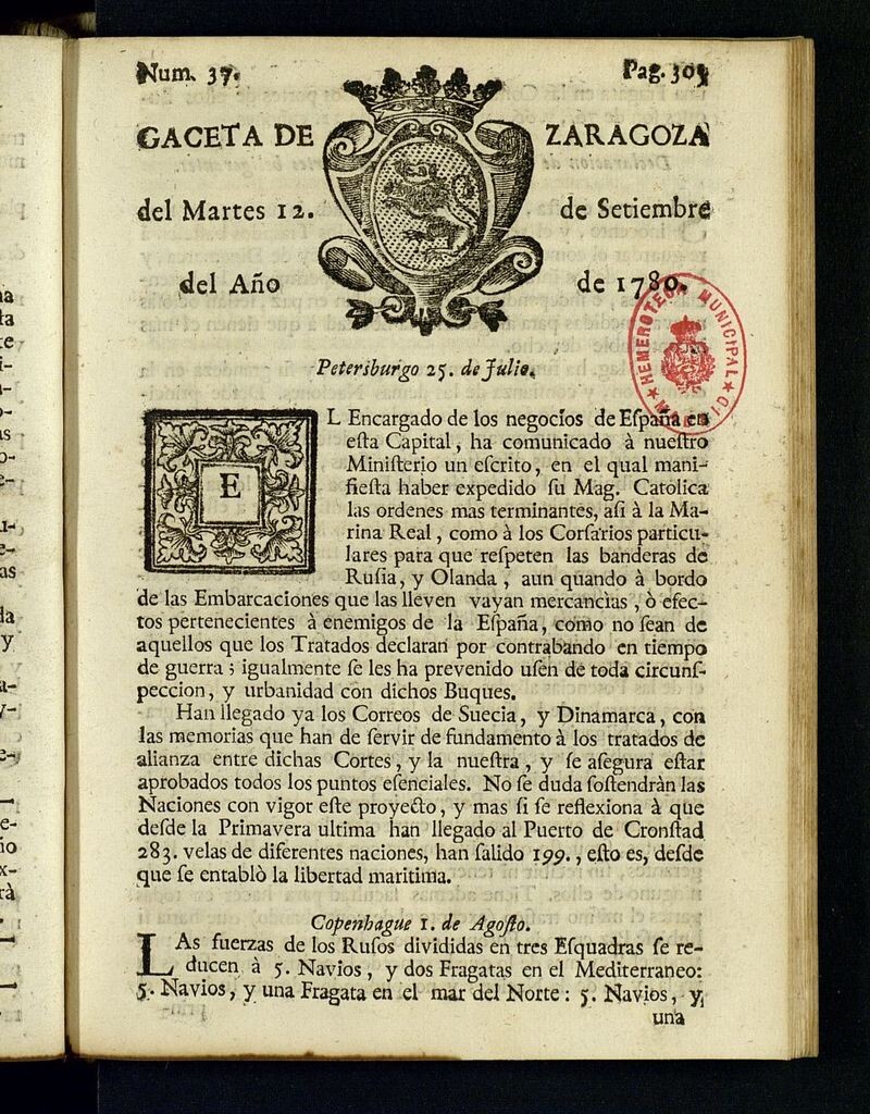Miniatura de Gazeta de Zaragoza del 12 de septiembre de 1780