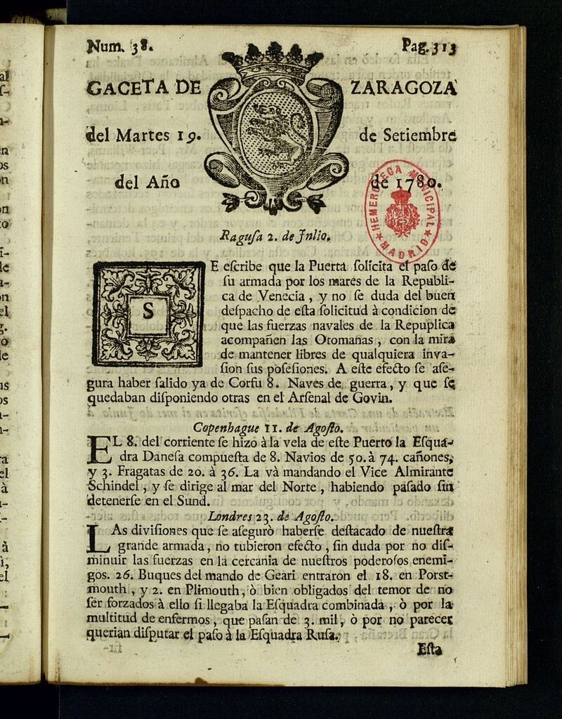 Miniatura de Gazeta de Zaragoza del 19 de septiembre de 1780
