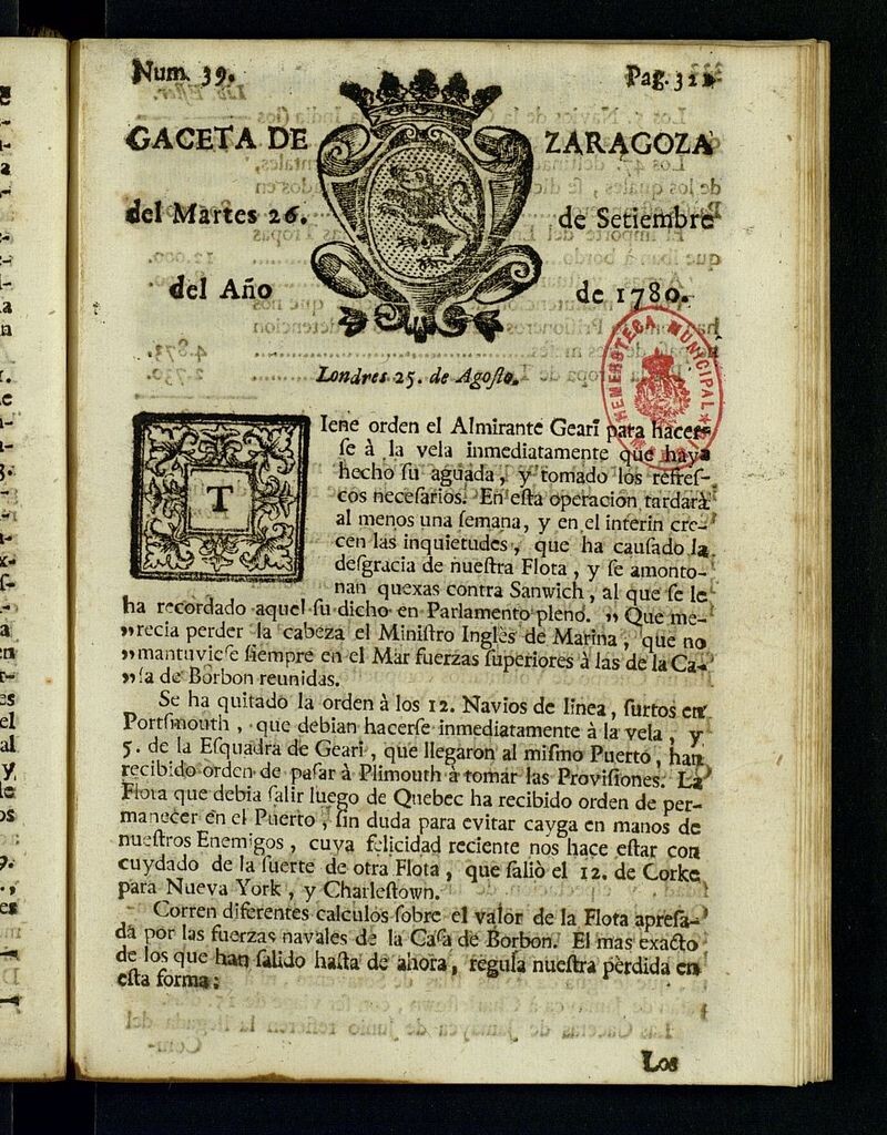 Miniatura de Gazeta de Zaragoza del 26 de septiembre de 1780
