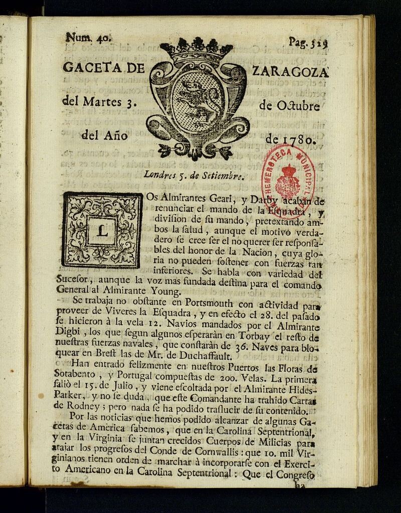 Miniatura de Gazeta de Zaragoza del 3 de octubre de 1780