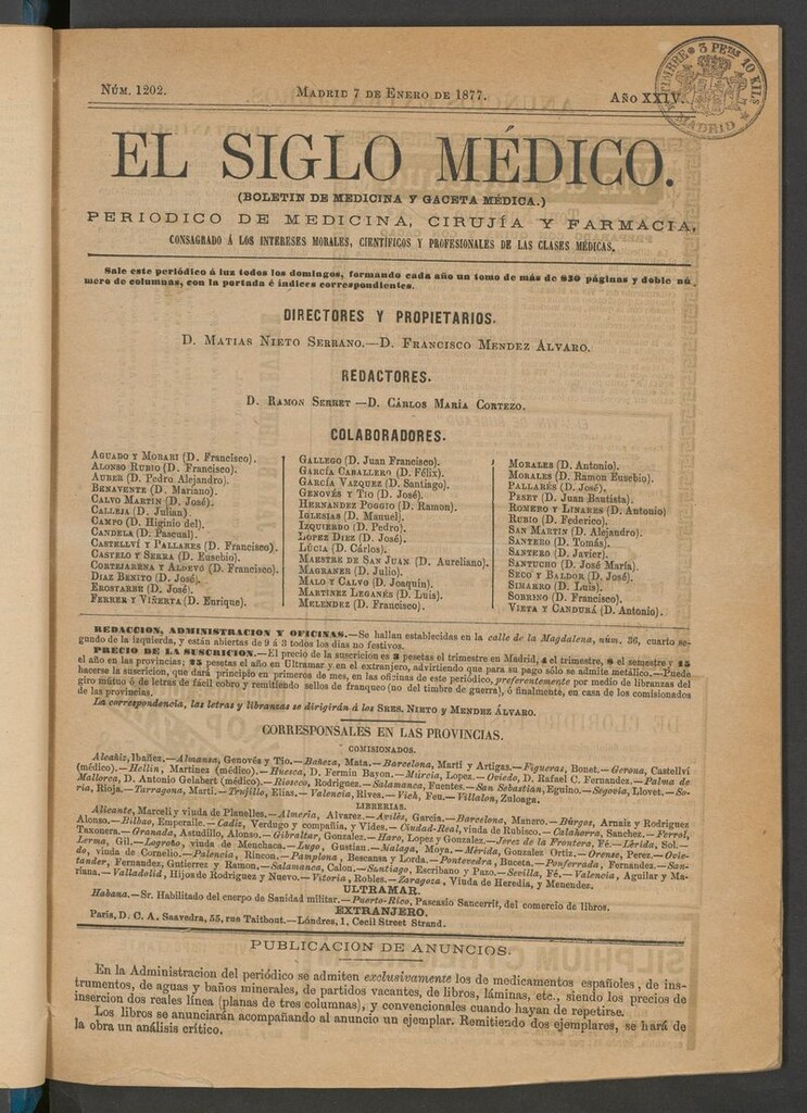 Miniatura de El Siglo Médico: boletín de medicina y gaceta médica del 7 de enero de 1877