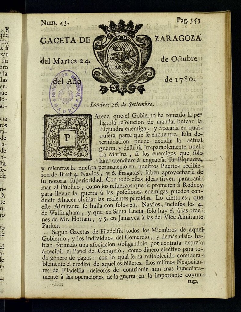 Miniatura de Gazeta de Zaragoza del 24 de octubre de 1780