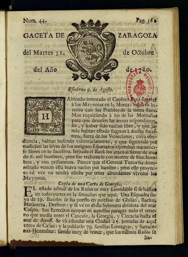 Miniatura de Gazeta de Zaragoza del 31 de octubre de 1780