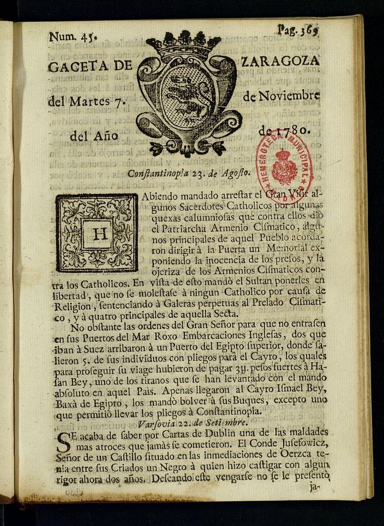 Miniatura de Gazeta de Zaragoza del 7 de noviembre de 1780