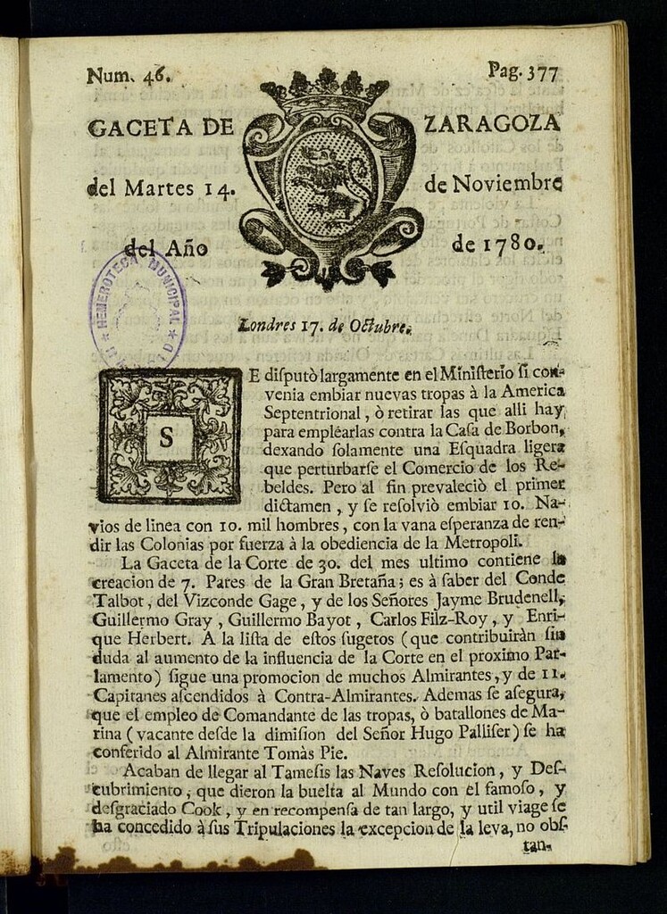 Miniatura de Gazeta de Zaragoza del 14 de noviembre de 1780
