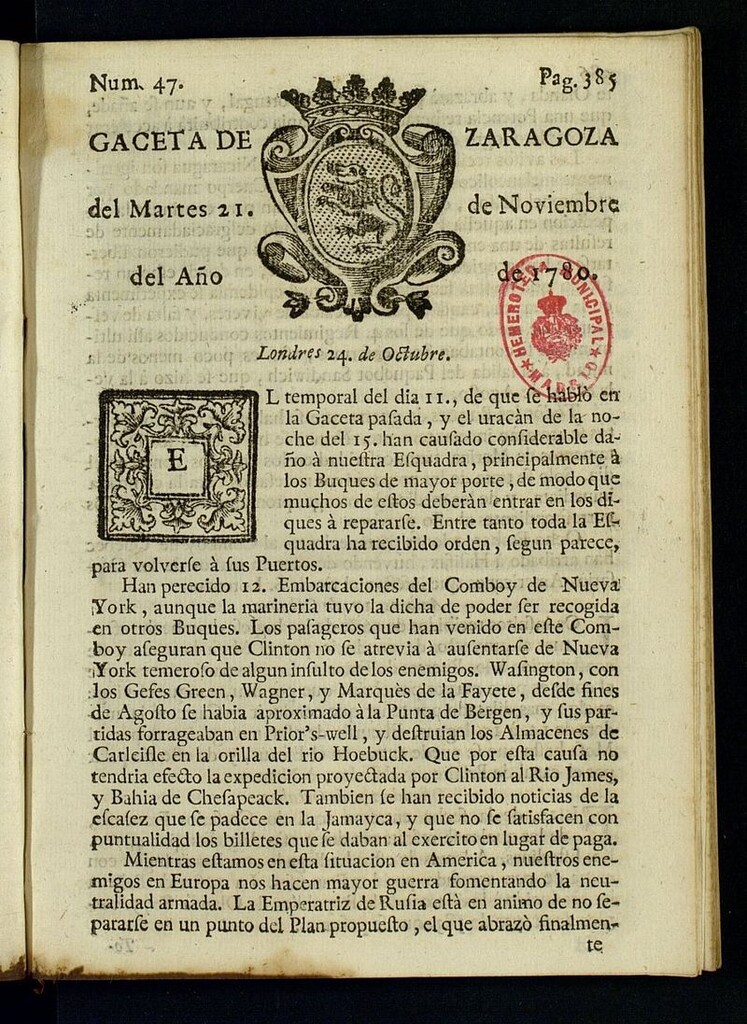 Miniatura de Gazeta de Zaragoza del 21 de noviembre de 1780