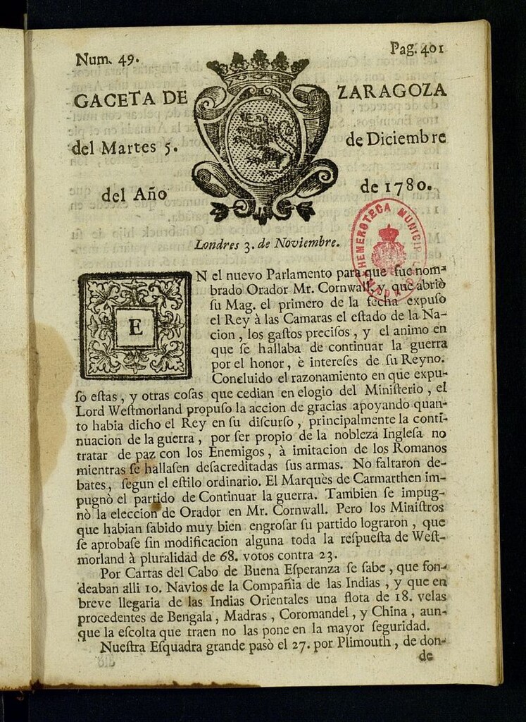 Miniatura de Gazeta de Zaragoza del 5 de diciembre de 1780