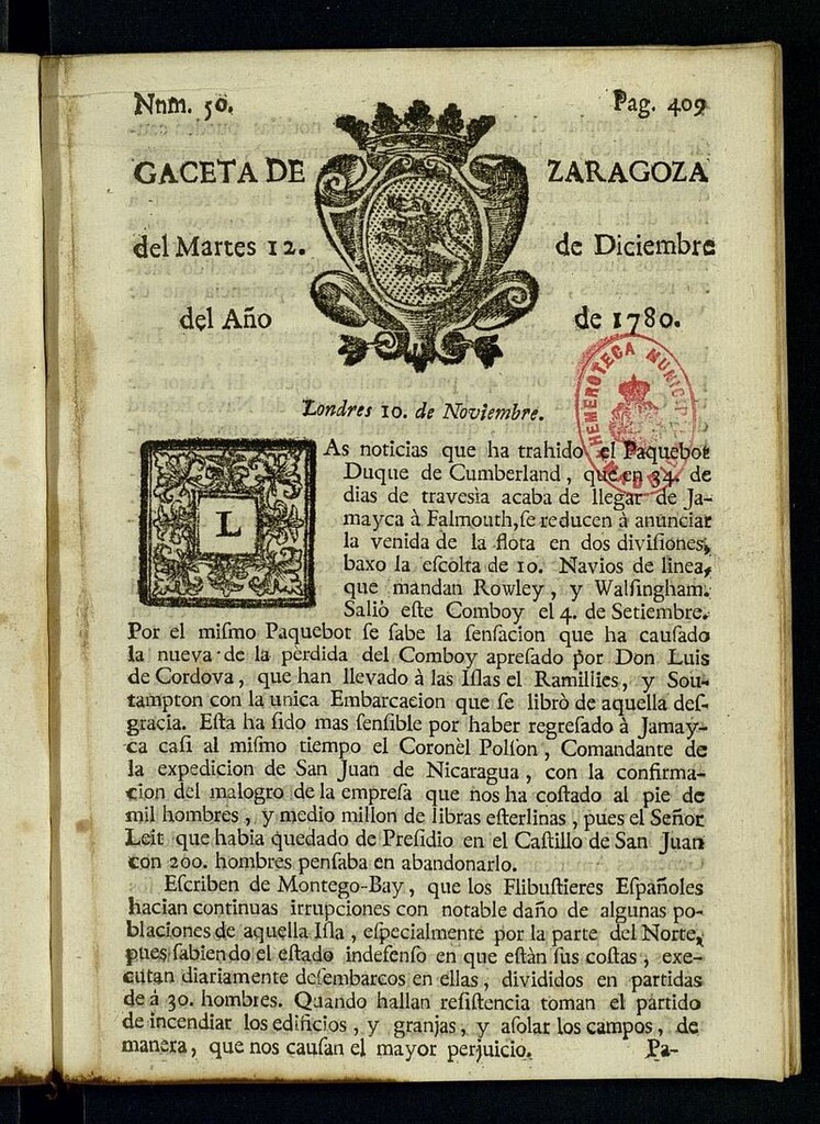 Miniatura de Gazeta de Zaragoza del 12 de diciembre de 1780