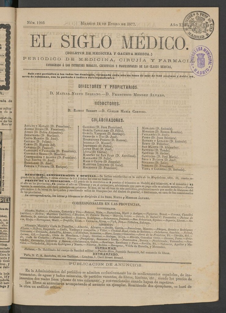 Miniatura de El Siglo Médico: boletín de medicina y gaceta médica del 14 de enero de 1877