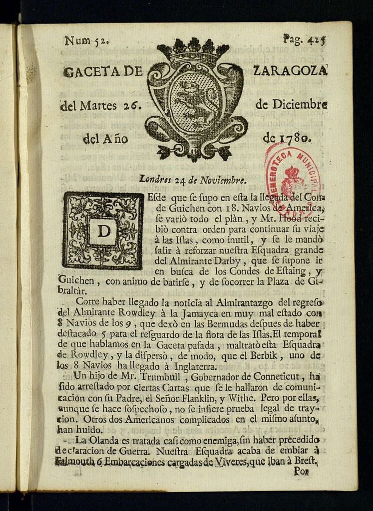 Miniatura de Gazeta de Zaragoza del 26 de diciembre de 1780