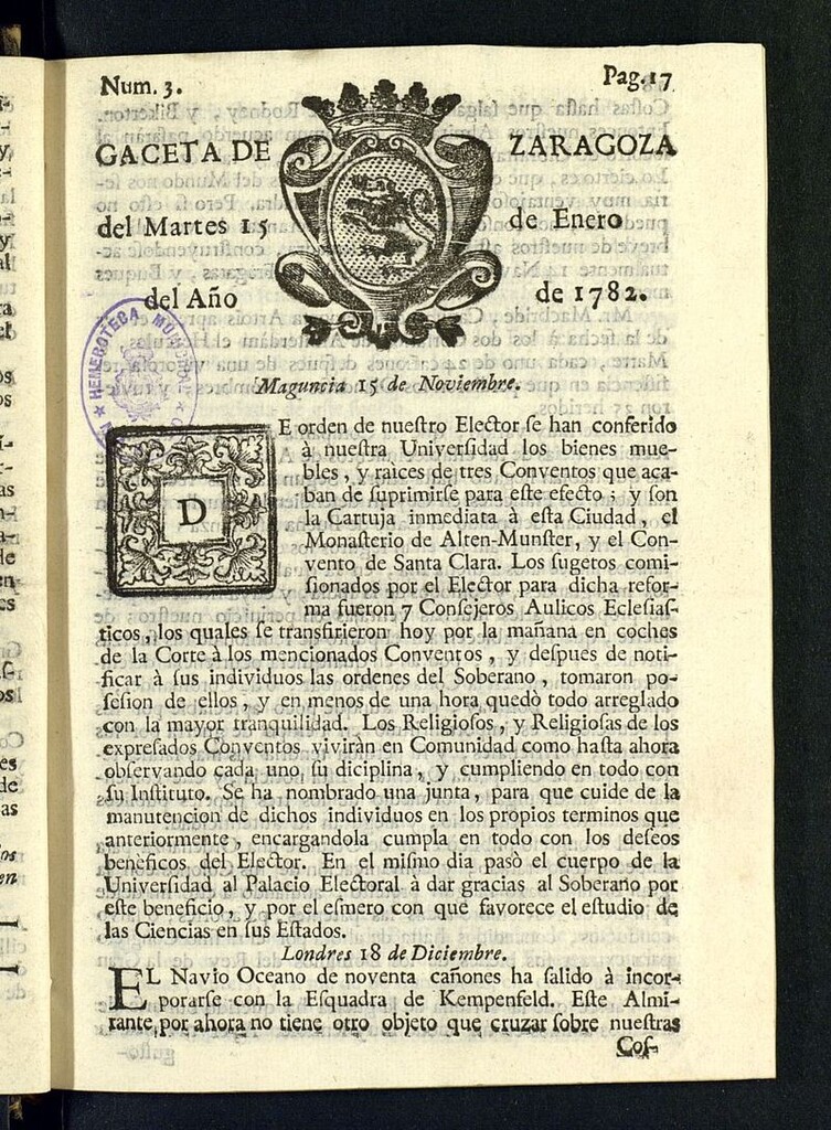 Miniatura de Gazeta de Zaragoza del 15 de enero de 1782
