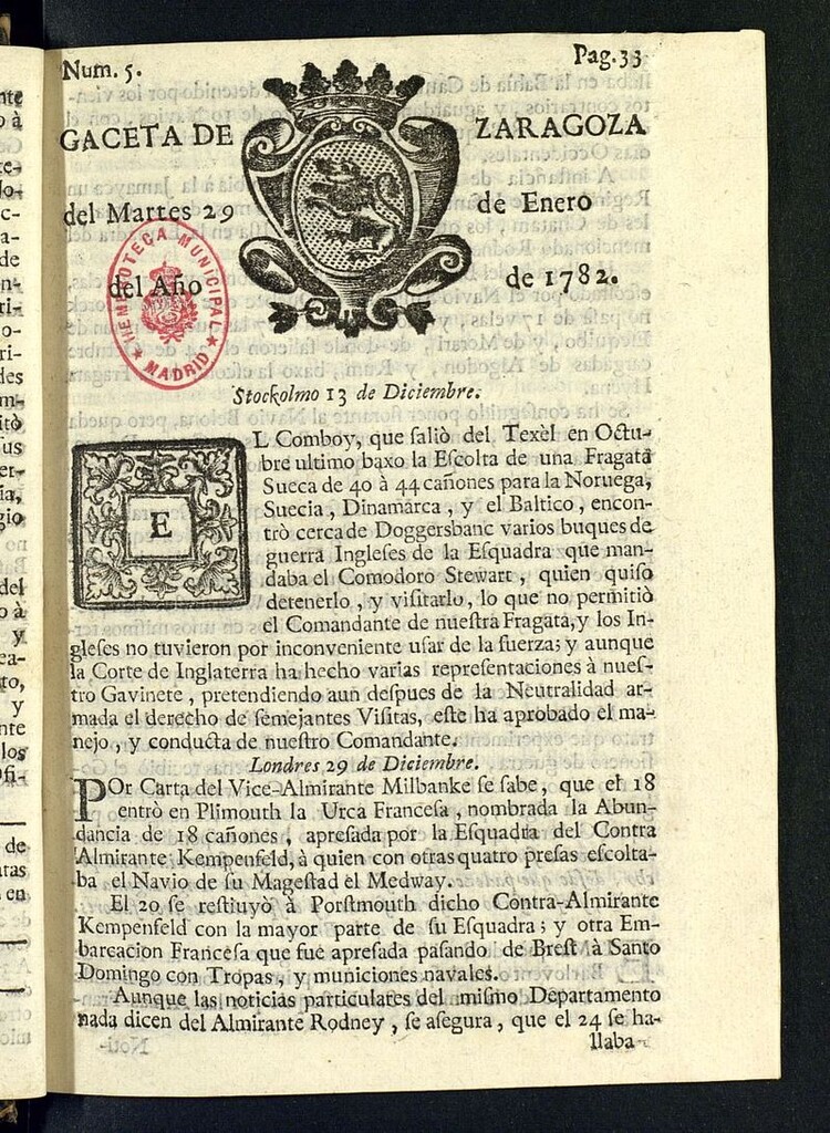 Miniatura de Gazeta de Zaragoza del 29 de enero de 1782