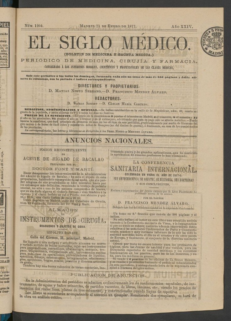 Miniatura de El Siglo Médico: boletín de medicina y gaceta médica del 21 de enero de 1877