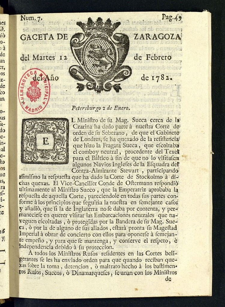 Miniatura de Gazeta de Zaragoza del 12 de febrero de 1782