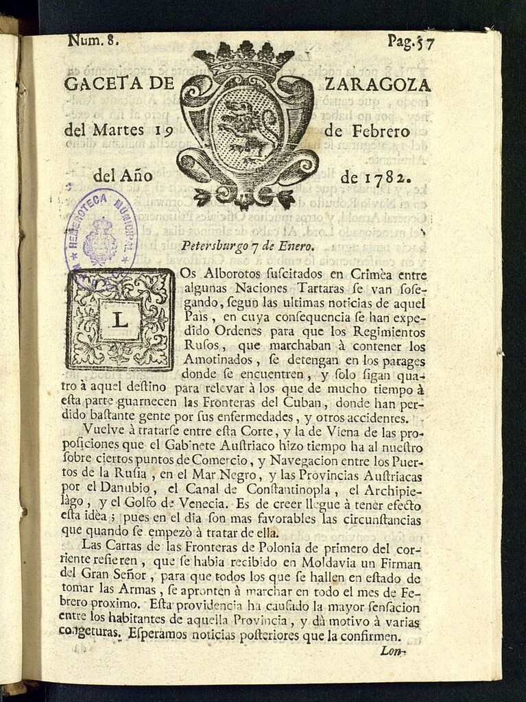 Miniatura de Gazeta de Zaragoza del 19 de febrero de 1782