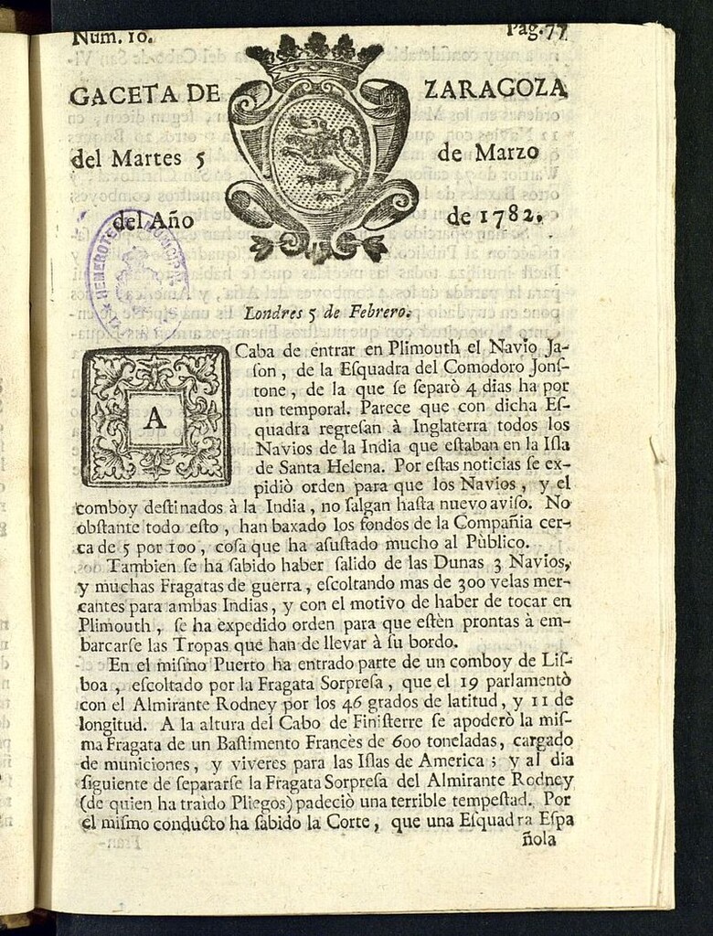 Miniatura de Gazeta de Zaragoza del 5 de marzo de 1782