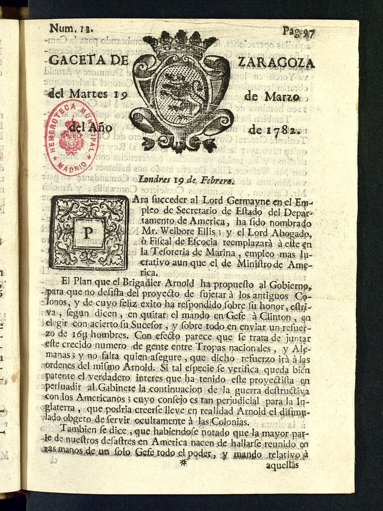 Miniatura de Gazeta de Zaragoza del 19 de marzo de 1782