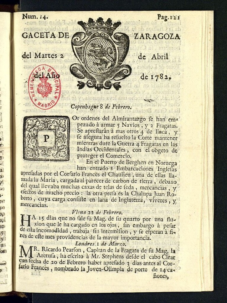 Miniatura de Gazeta de Zaragoza del 2 de abril de 1782